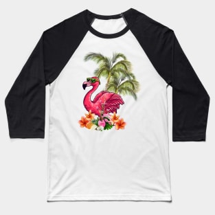 Funny flamingo with sunglasses and flowers Baseball T-Shirt